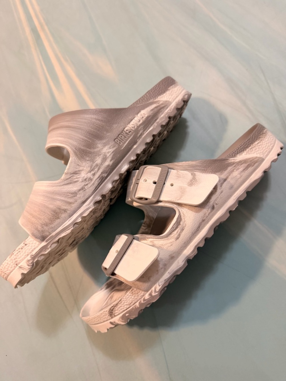 Birkenstock White Gray Two-Strap Slide Sandals with Buckles 🌻 size 38 - NWOT - Picture 3 of 6